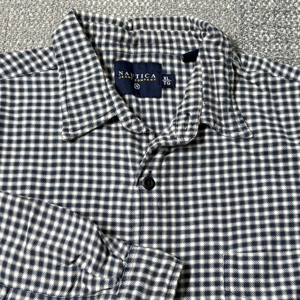 Nautica Check Plaid Flannel Button Up Shirt Black/White/Blue Long Sleeve Mens XL